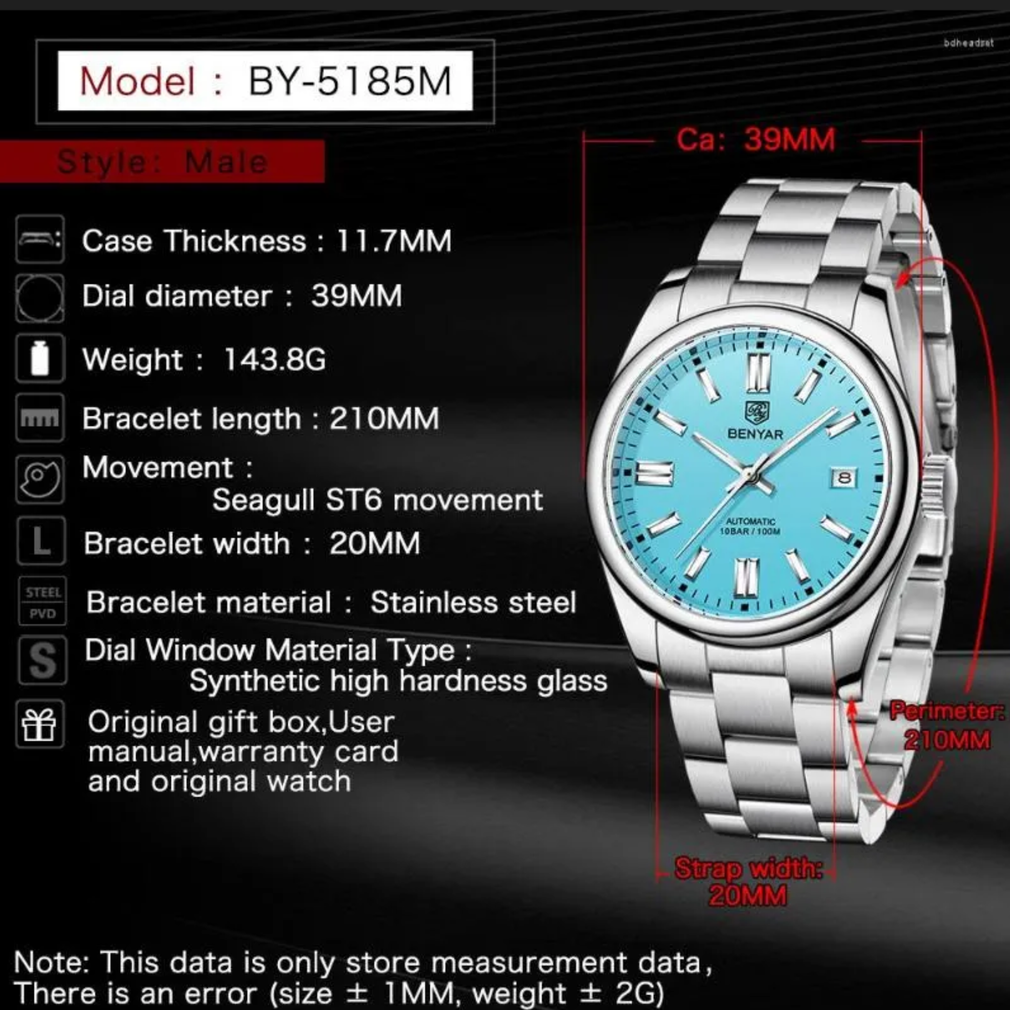 BENYAR Classic Men's Automatic Mechanical Watch Stainless Steel Strap Waterproof Luminous Simple Business Sports Wristwatch - Tiffany Blue Dial benyar watches online india dream watches