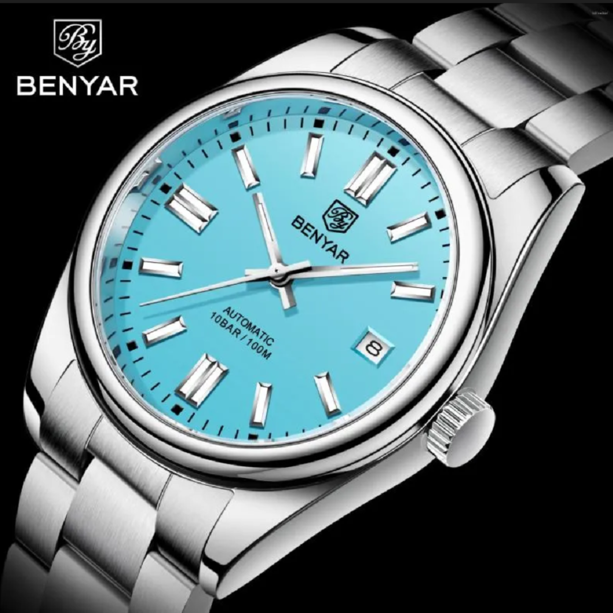 BENYAR Classic Men's Automatic Mechanical Watch Stainless Steel Strap Waterproof Luminous Simple Business Sports Wristwatch - Tiffany Blue Dial benyar watches online india dream watches