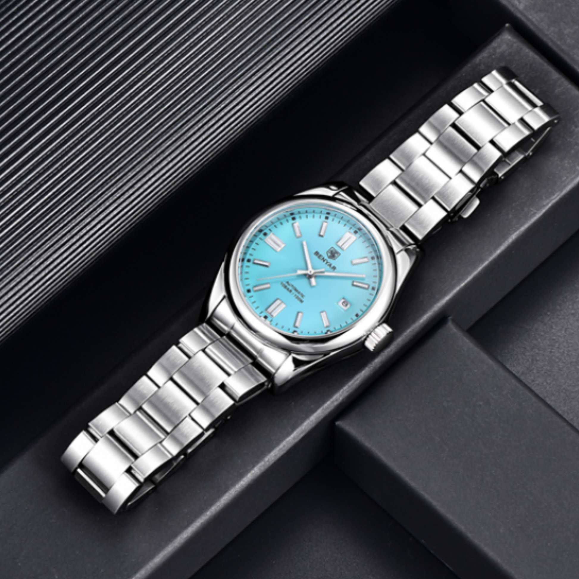 BENYAR Classic Men's Automatic Mechanical Watch Stainless Steel Strap Waterproof Luminous Simple Business Sports Wristwatch - Tiffany Blue Dial benyar watches online india dream watches