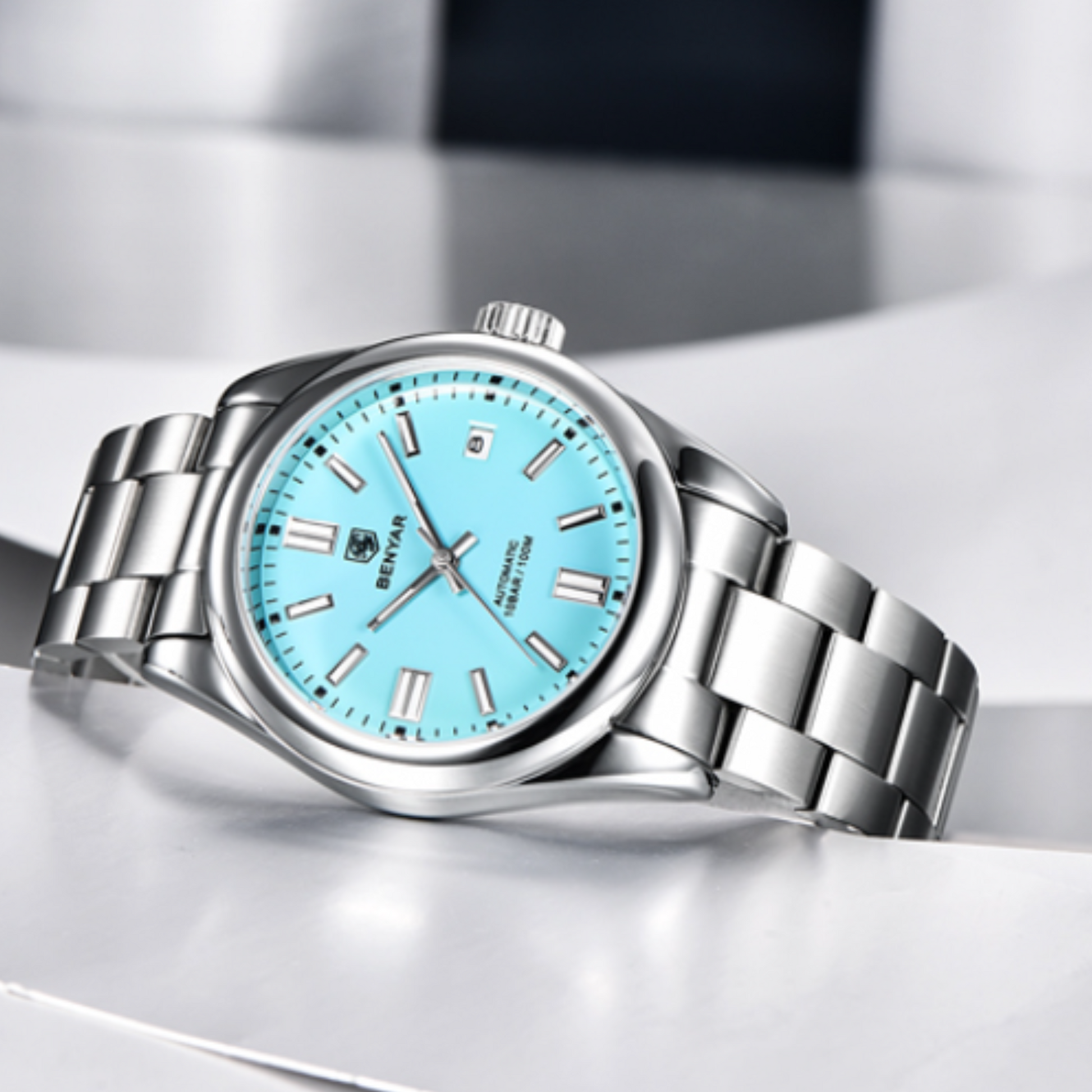 BENYAR Classic Men's Automatic Mechanical Watch Stainless Steel Strap Waterproof Luminous Simple Business Sports Wristwatch - Tiffany Blue Dial benyar watches online india dream watches