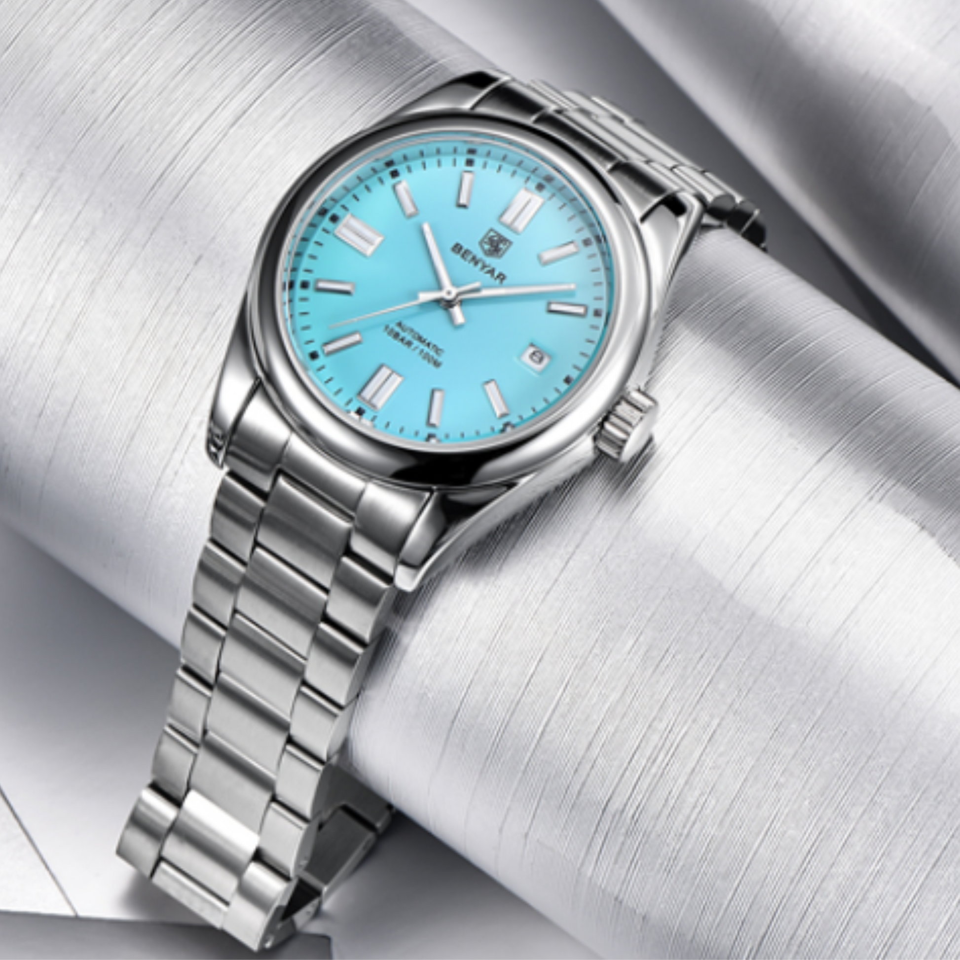 BENYAR Classic Men's Automatic Mechanical Watch Stainless Steel Strap Waterproof Luminous Simple Business Sports Wristwatch - Tiffany Blue Dial benyar watches online india dream watches