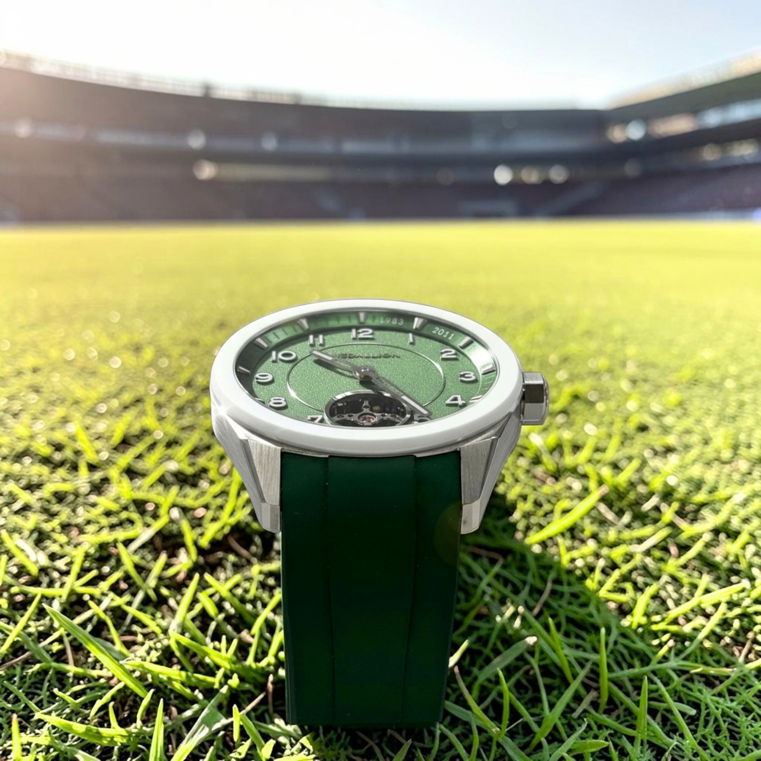 MEDALLION  The Cricket Watch | World Cup Edition | Silver with Green FKM Strap