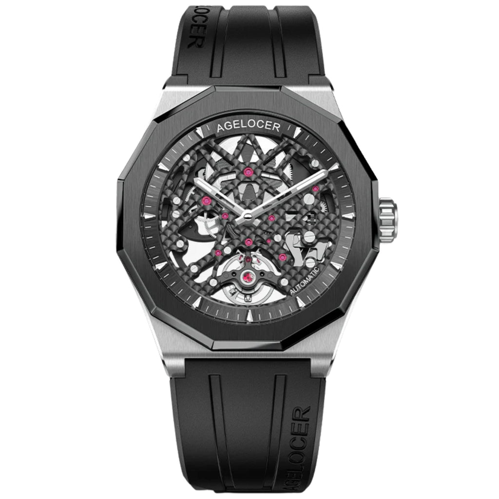 AGELOCER Original Schwarzwald Series Engraved Skeleton Men Mechanical Watch (Black & Silver)