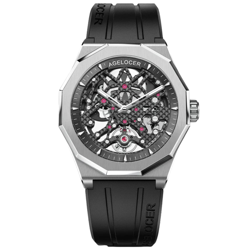 AGELOCER Original Schwarzwald Series Engraved Skeleton Men Mechanical Watch (Silver)