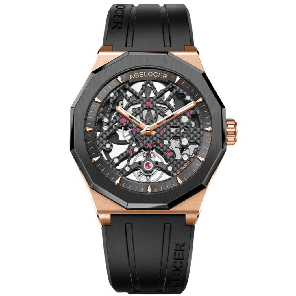 AGELOCER Original Schwarzwald Series Engraved Skeleton Men Mechanical Watch (Black & Rosegold)