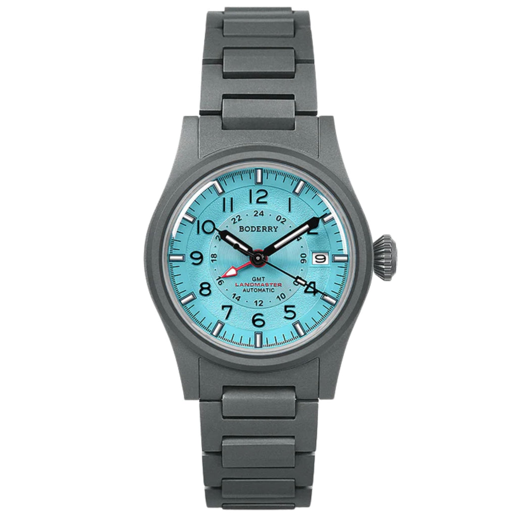 BODERRY LANDMASTER GMT – Titanium Automatic Tritium Field Watch | Ice Blue
