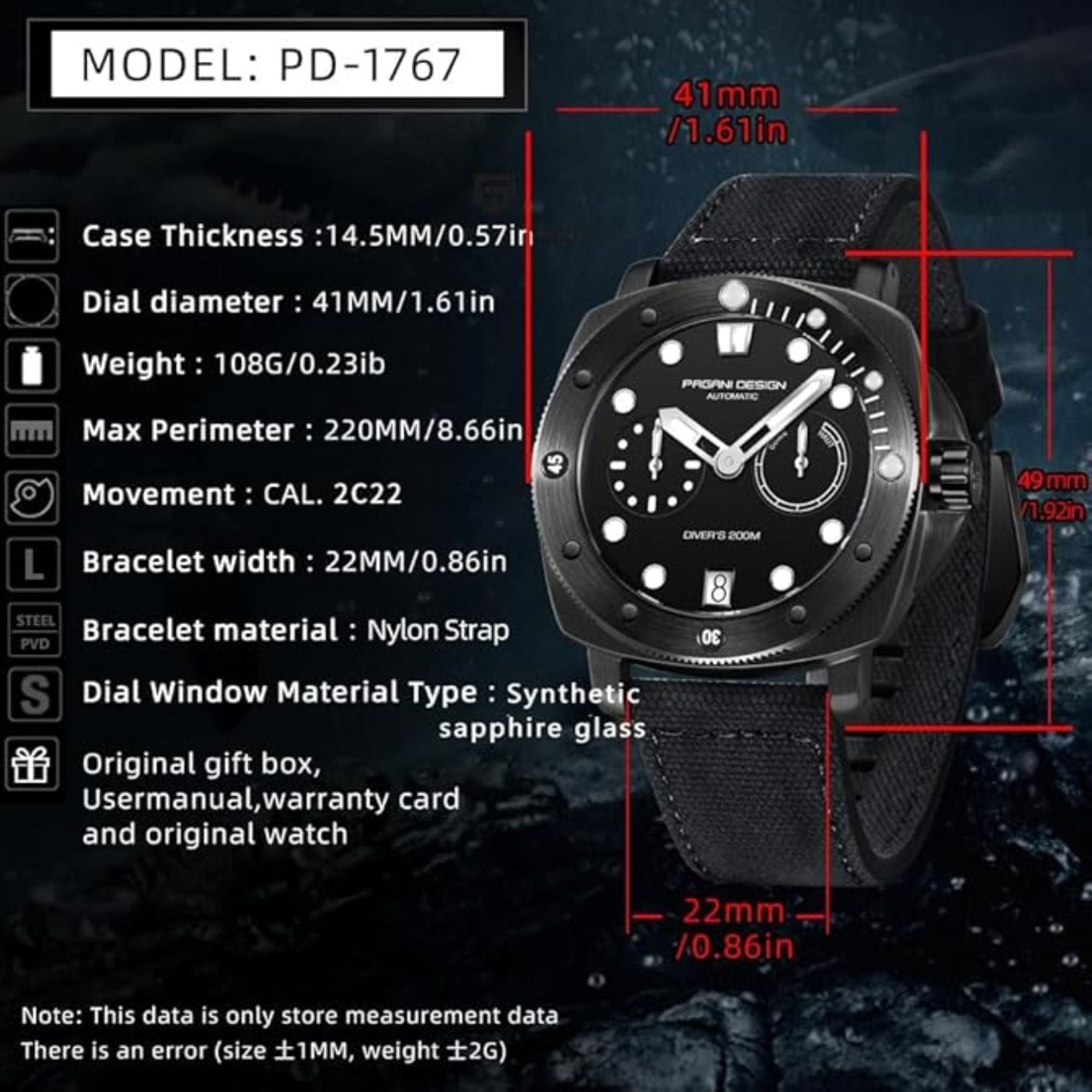 Pagani Design PD-1767 Men's CAL.2C10 Automatic Mechanical Watch 41MM