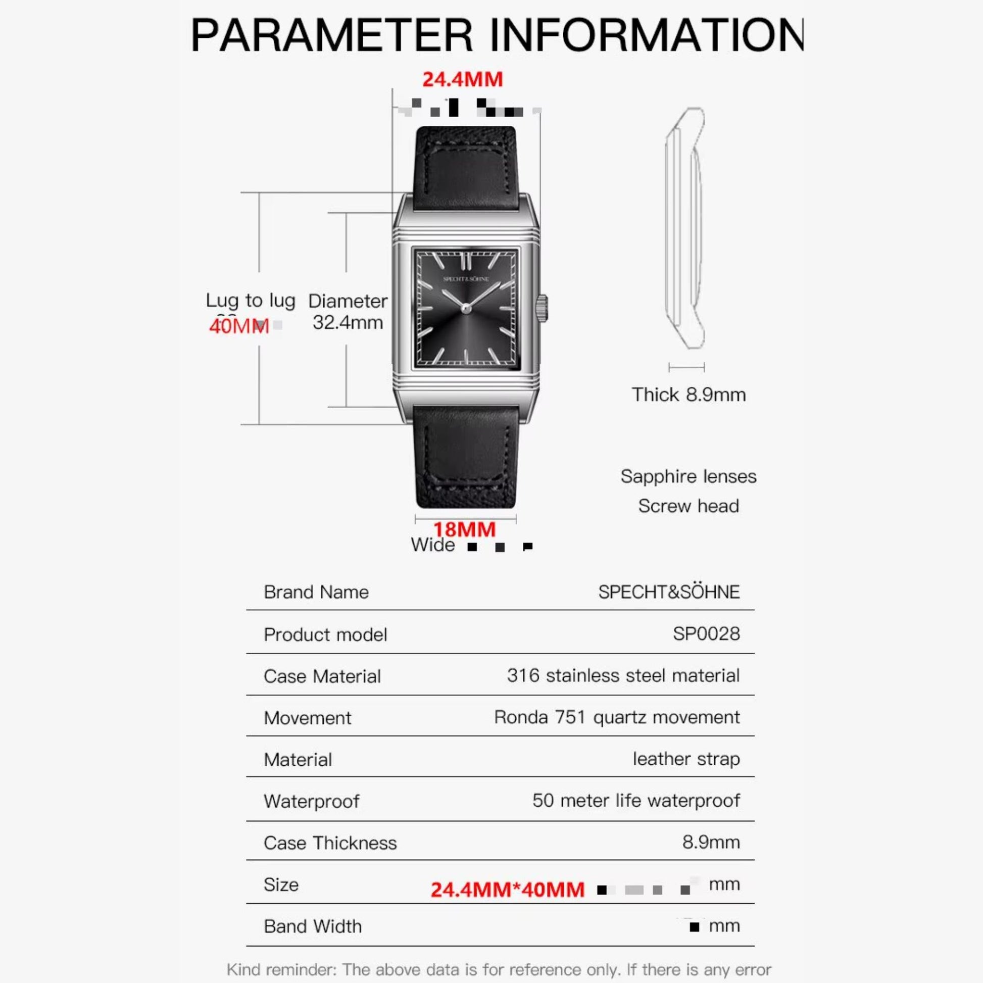 Square Watch Specht & Söhne SP0028 Overturn Ultrathin Ronda Quartz Movt