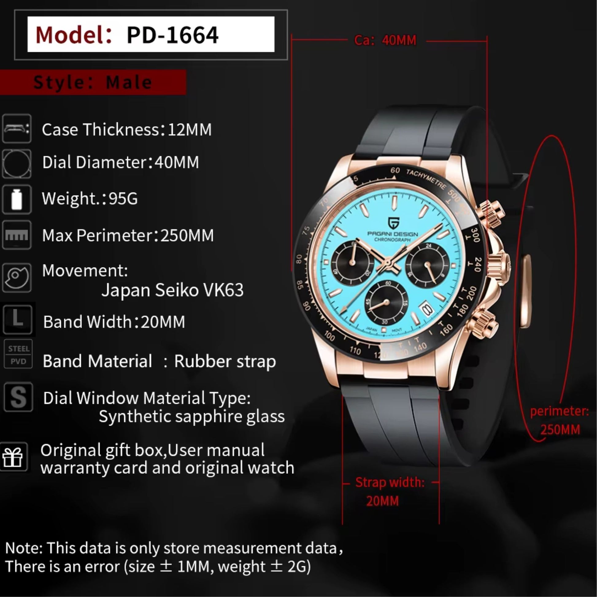 PAGANI DESIGN PD-1644 Meteorite Dial Fashion Men Quartz Wristwatches 100M Sapphire Glass Chronograph