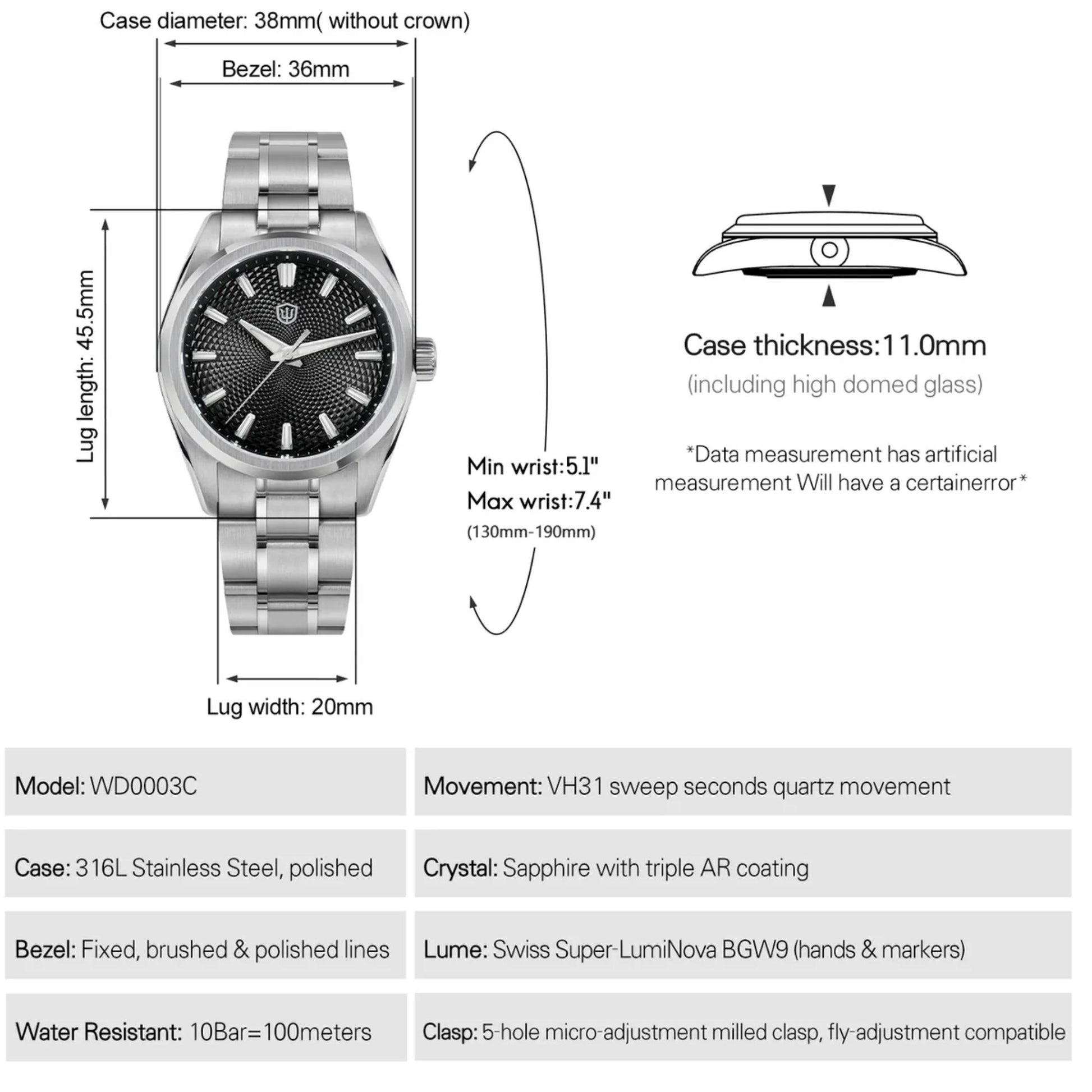 Watchdives WD0003G Guilloche Dial VH31 Men Watch