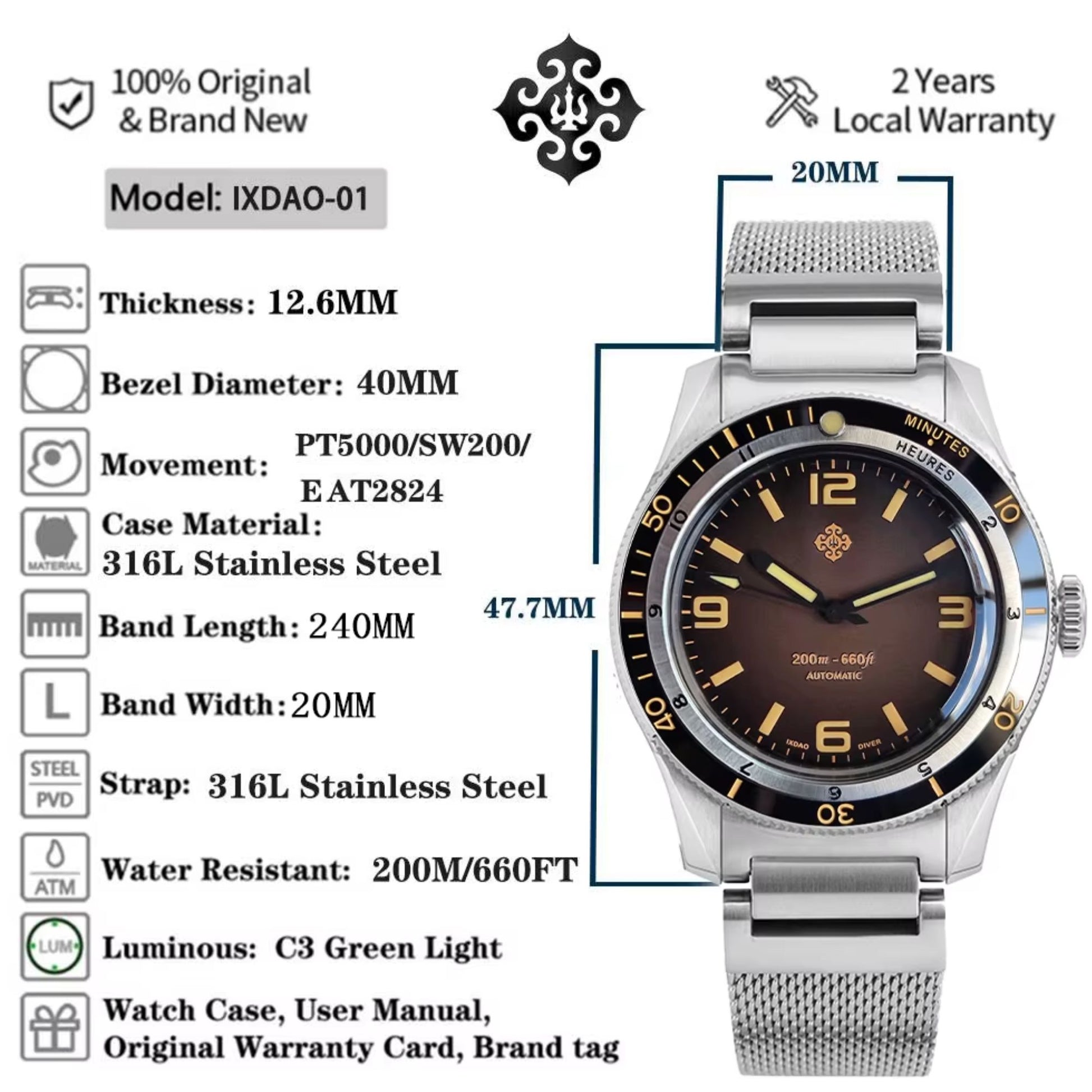 IXDAO 5303 Dive Watch for 40mm GMT Automatic with PT5000 Movement