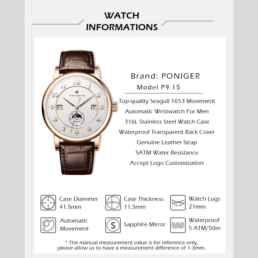 Poniger Watches Men P9.15 Casual Date Automatic Waterproof Watch Relogio Masculino