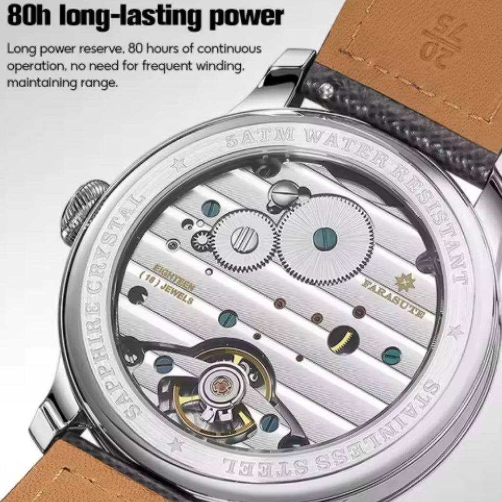 FARASUTE Men Watch 40mm Manual Winding Mechanical Wristwatch Power Reserve Display 80 Hours