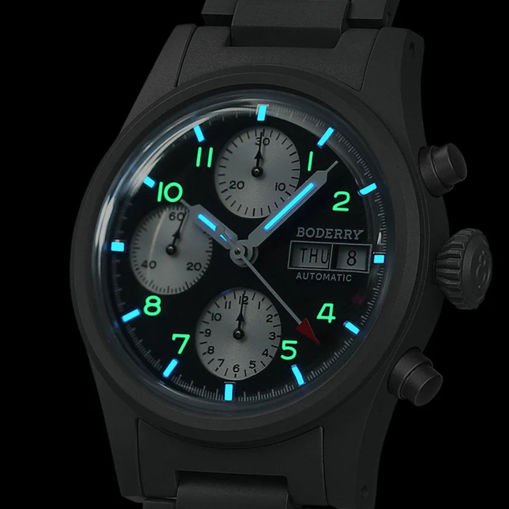 BODERRY LANDMASTER Chronograph – Titanium Automatic Tritium Field Watch | Reverse Panda-bracelet