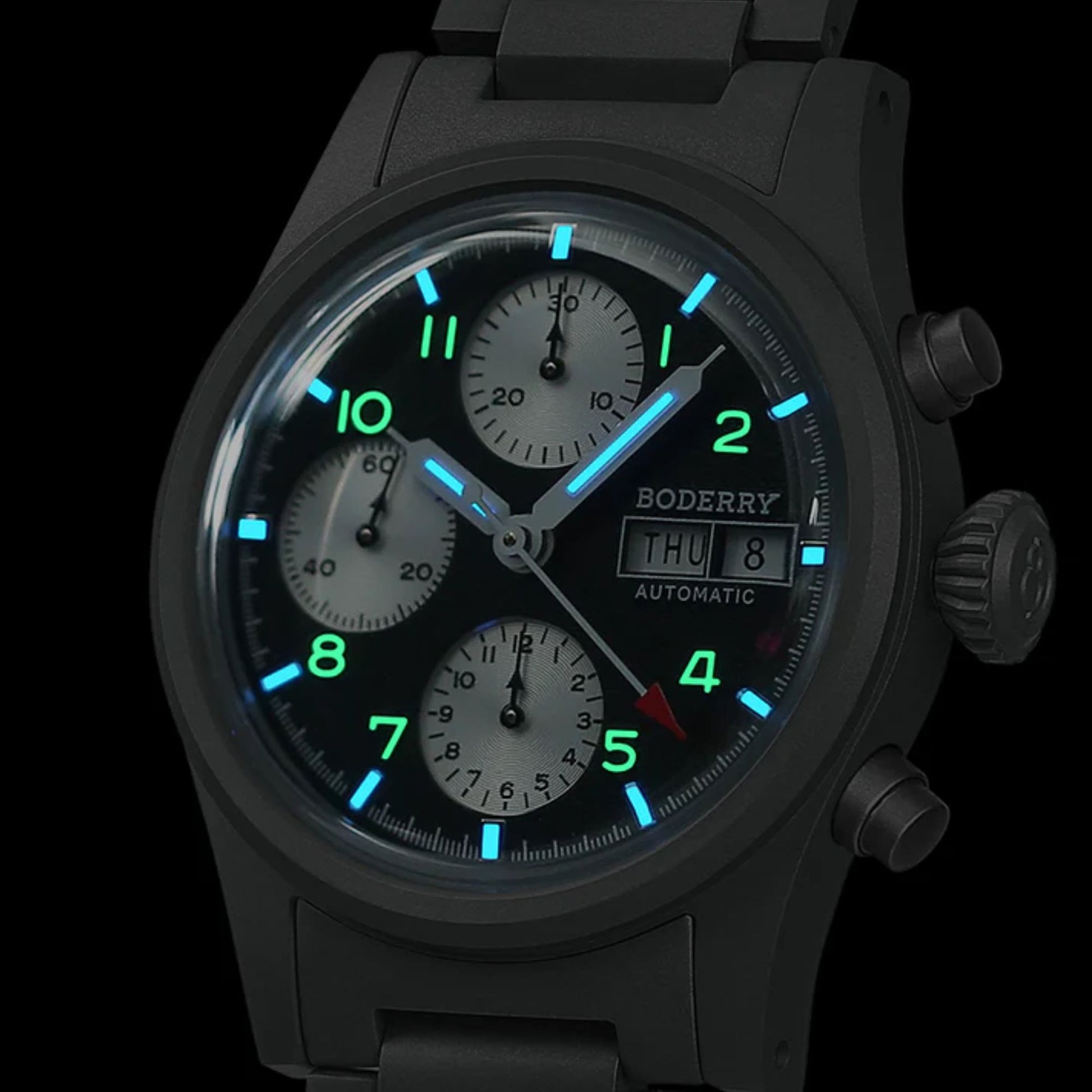 BODERRY LANDMASTER Chronograph – Titanium Automatic Tritium Field Watch | Reverse Panda-bracelet