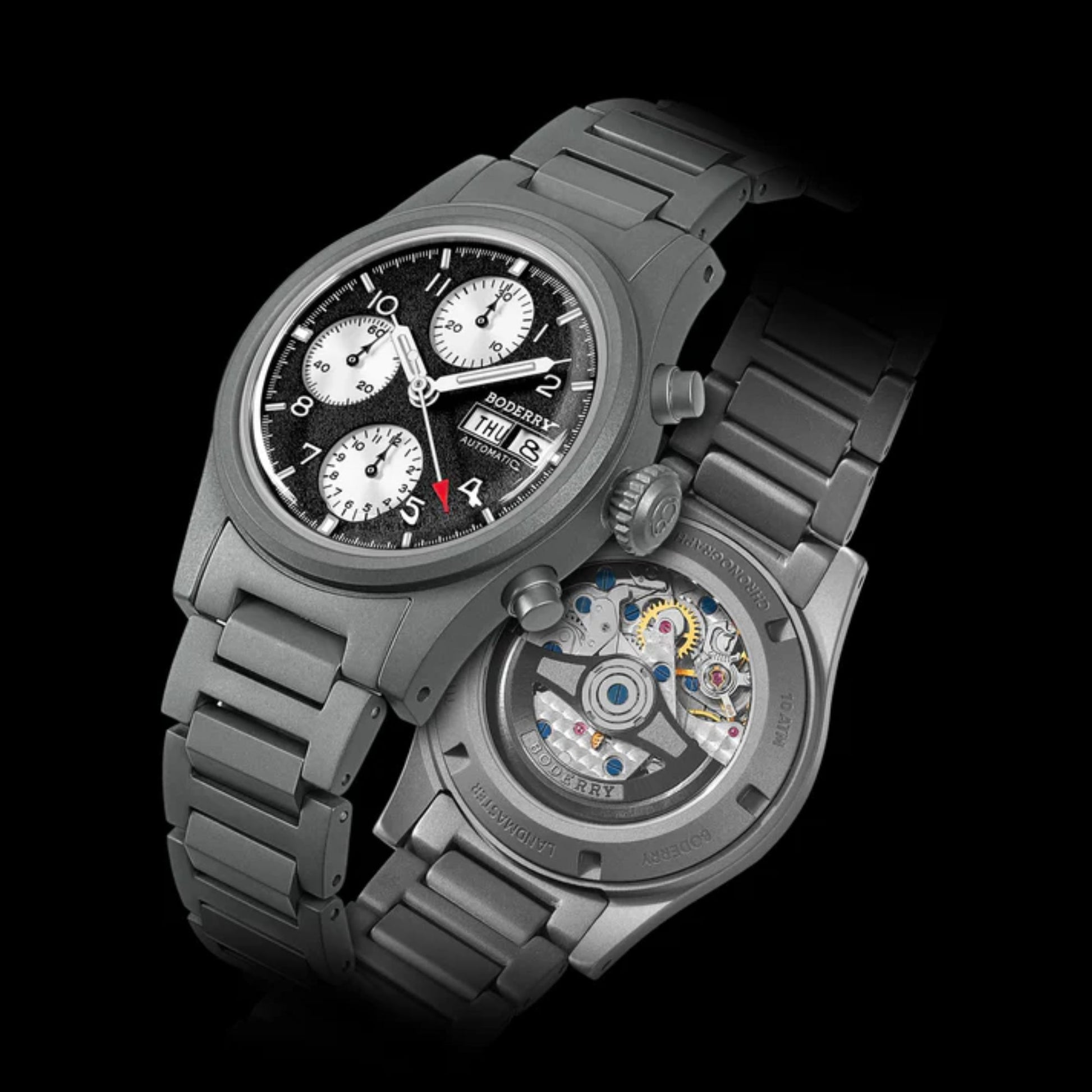 BODERRY LANDMASTER Chronograph – Titanium Automatic Tritium Field Watch | Reverse Panda-bracelet