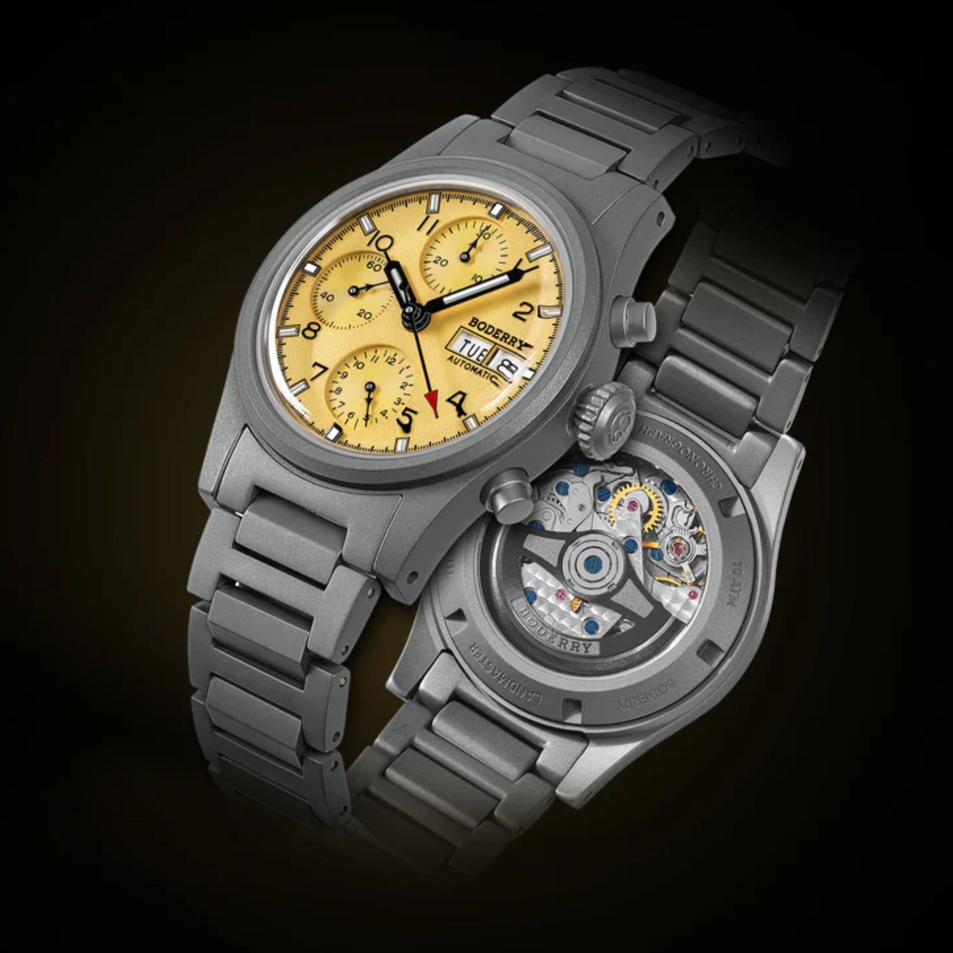 BODERRY LANDMASTER Chronograph – Titanium Automatic Tritium Field Watch | Reverse Panda-bracelet