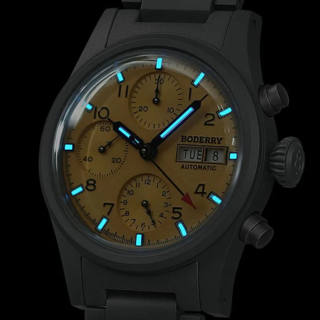 BODERRY LANDMASTER Chronograph – Titanium Automatic Tritium Field Watch | Reverse Panda-bracelet