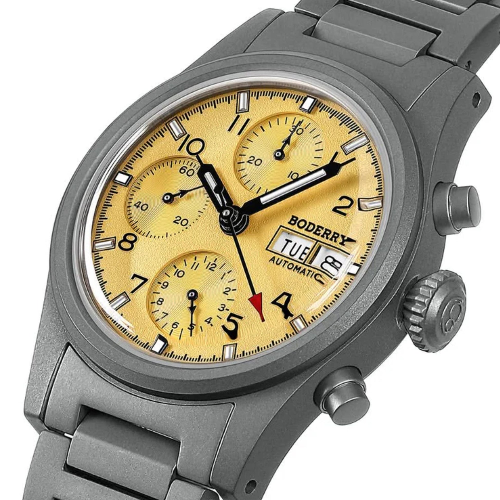 BODERRY LANDMASTER Chronograph – Titanium Automatic Tritium Field Watch | Reverse Panda-bracelet