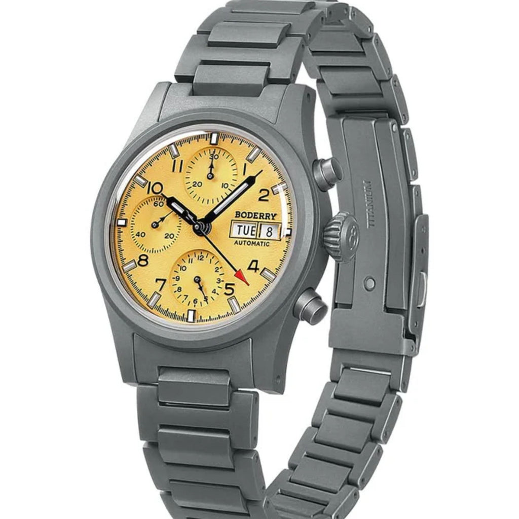 BODERRY LANDMASTER Chronograph – Titanium Automatic Tritium Field Watch | Reverse Panda-bracelet