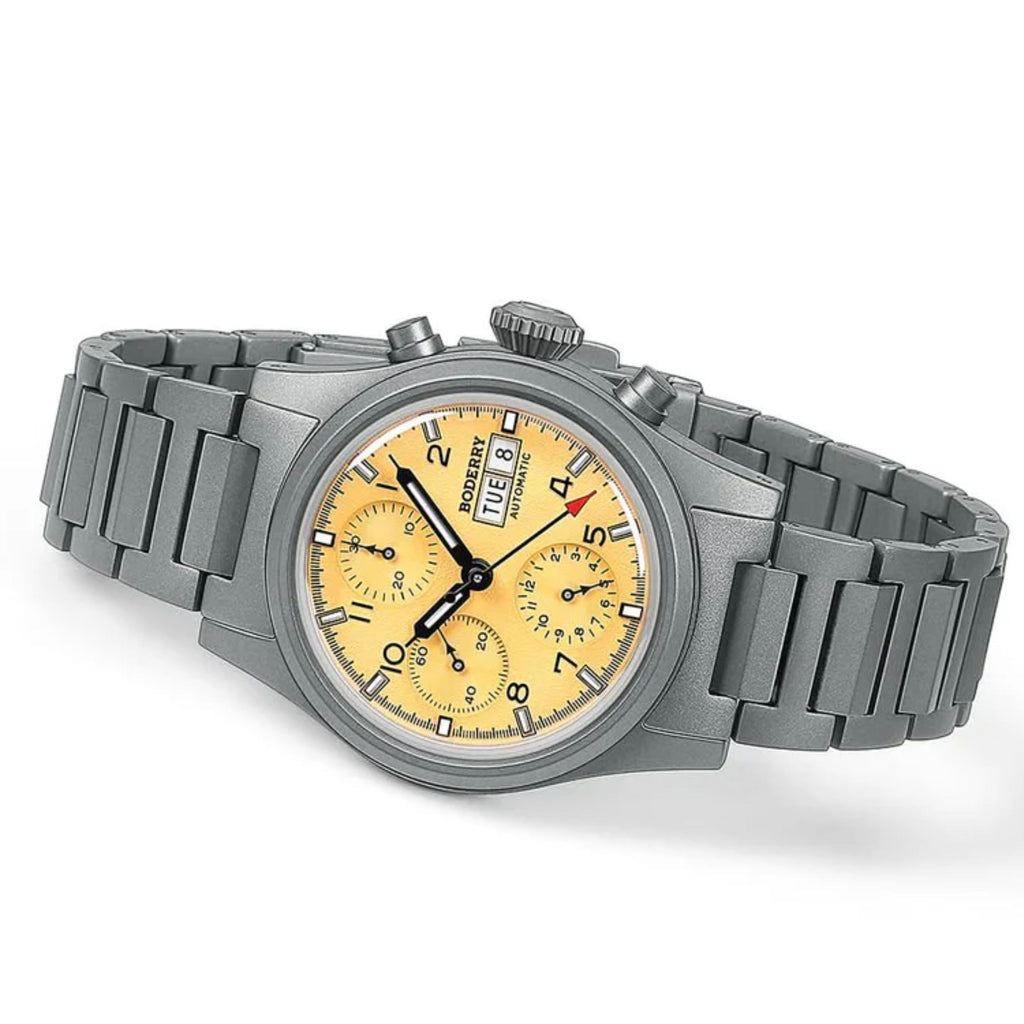 BODERRY LANDMASTER Chronograph – Titanium Automatic Tritium Field Watch | Reverse Panda-bracelet
