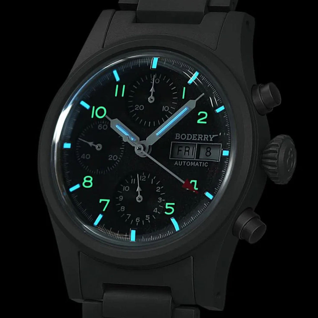 BODERRY LANDMASTER Chronograph – Titanium Automatic Tritium Field Watch | Reverse Panda-bracelet