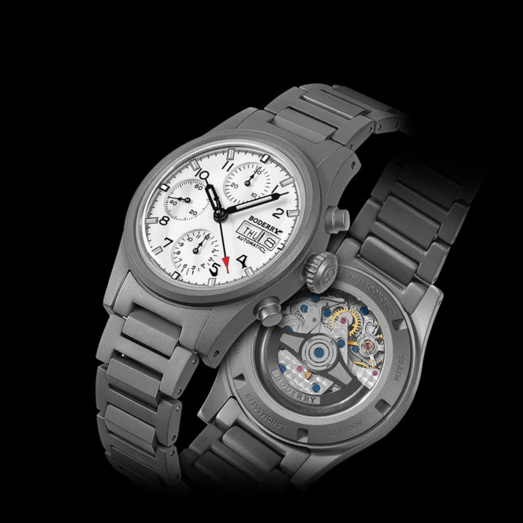 BODERRY LANDMASTER Chronograph – Titanium Automatic Tritium Field Watch | Reverse Panda-bracelet