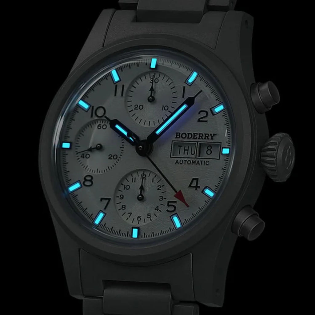 BODERRY LANDMASTER Chronograph – Titanium Automatic Tritium Field Watch | Reverse Panda-bracelet