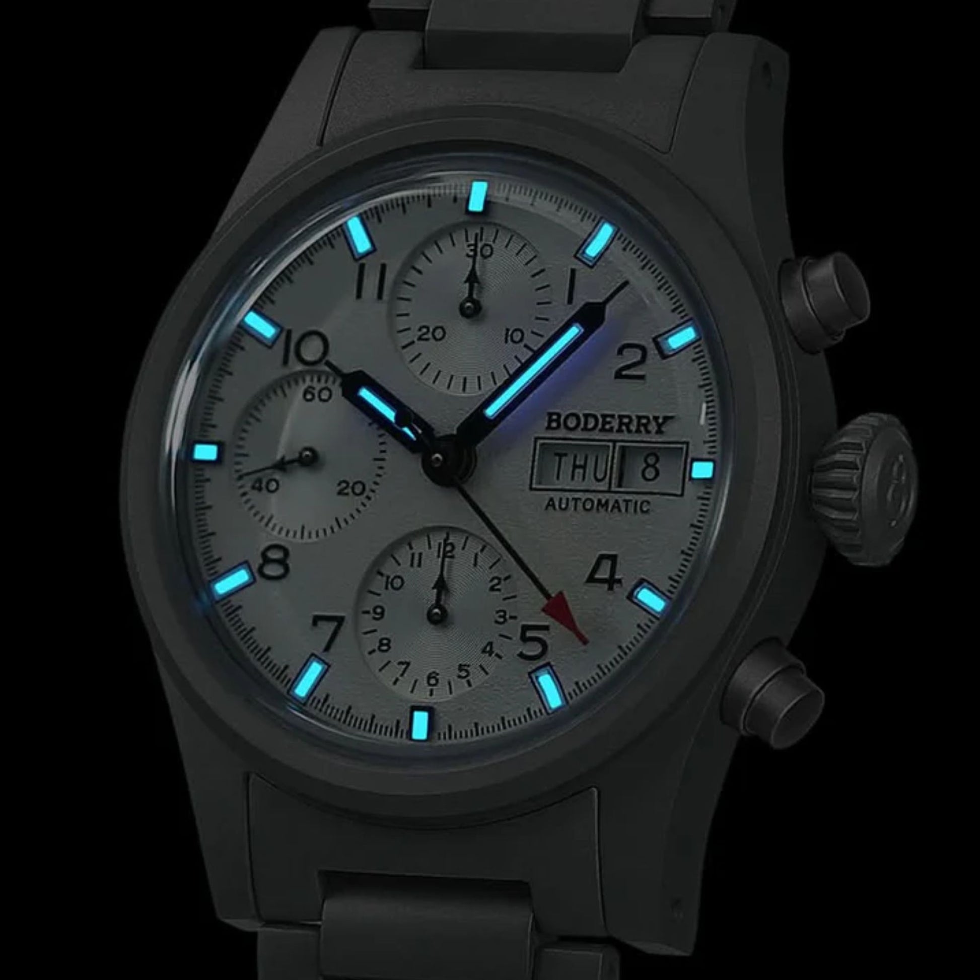 BODERRY LANDMASTER Chronograph – Titanium Automatic Tritium Field Watch | Reverse Panda-bracelet