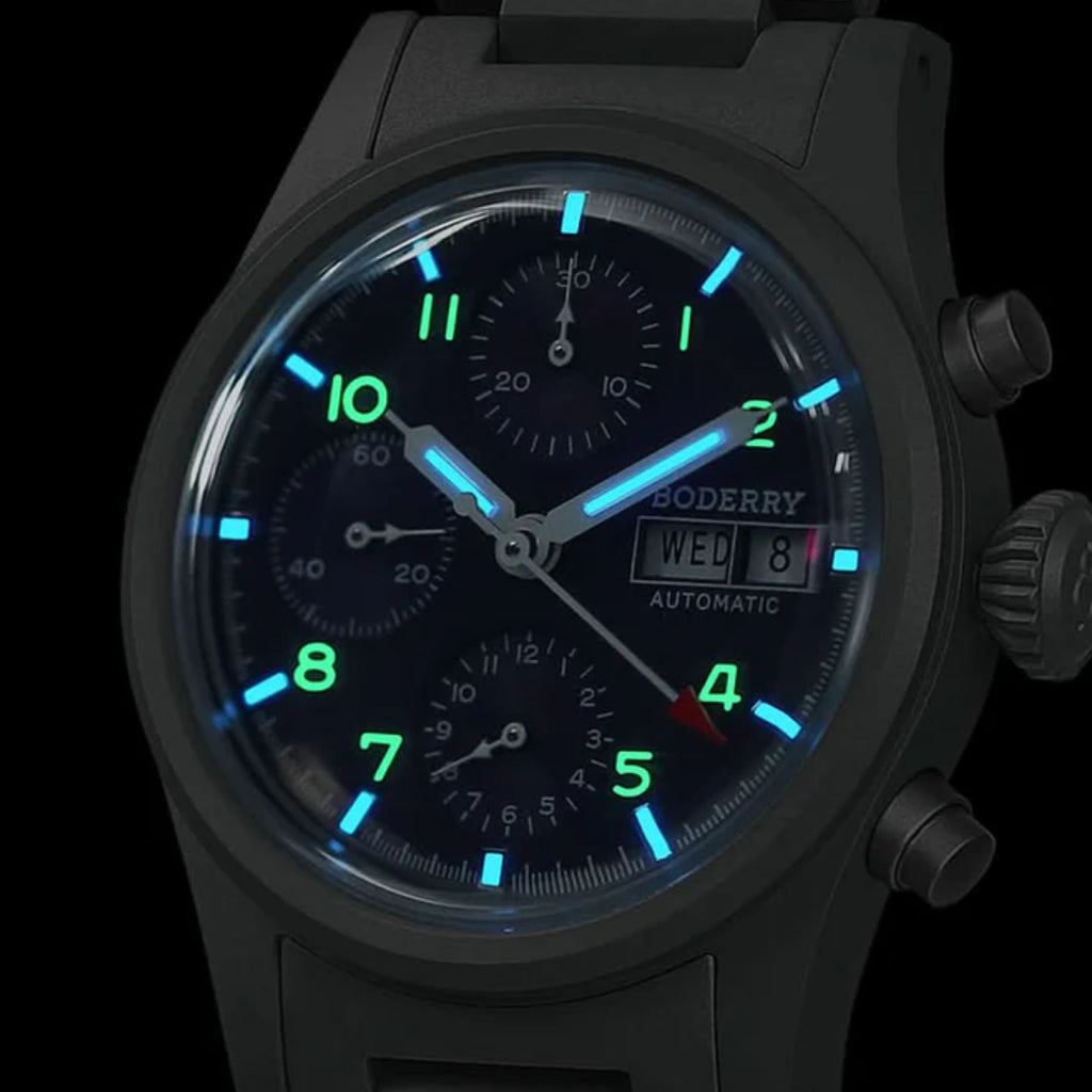 BODERRY LANDMASTER Chronograph – Titanium Automatic Tritium Field Watch | Reverse Panda-bracelet