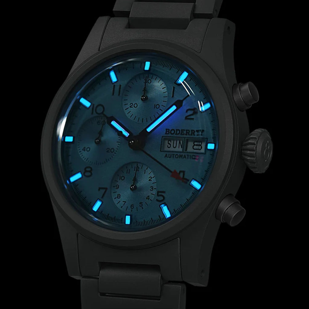 BODERRY LANDMASTER Chronograph – Titanium Automatic Tritium Field Watch | Reverse Panda-bracelet
