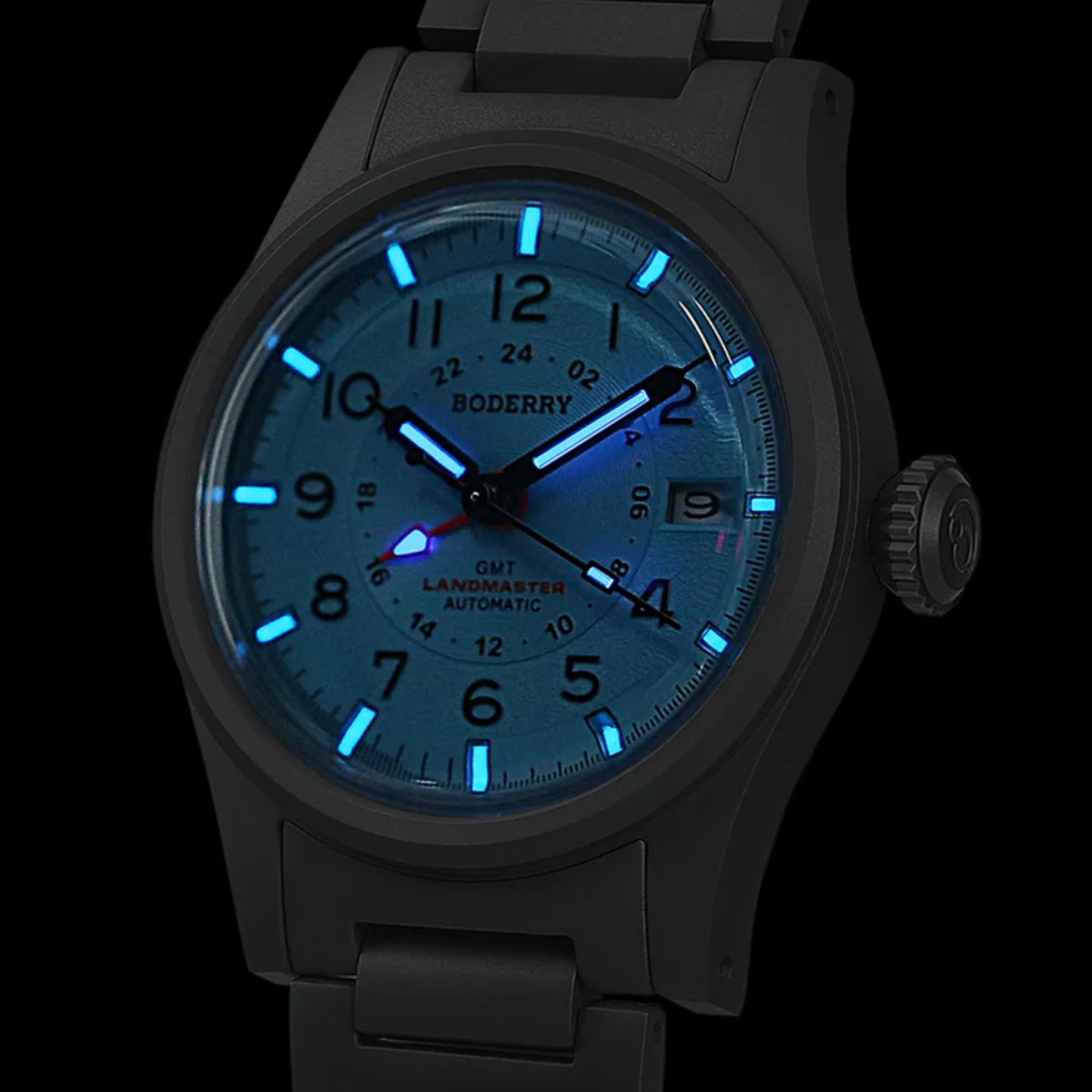 BODERRY LANDMASTER GMT – Titanium Automatic Tritium Field Watch | Ice Blue