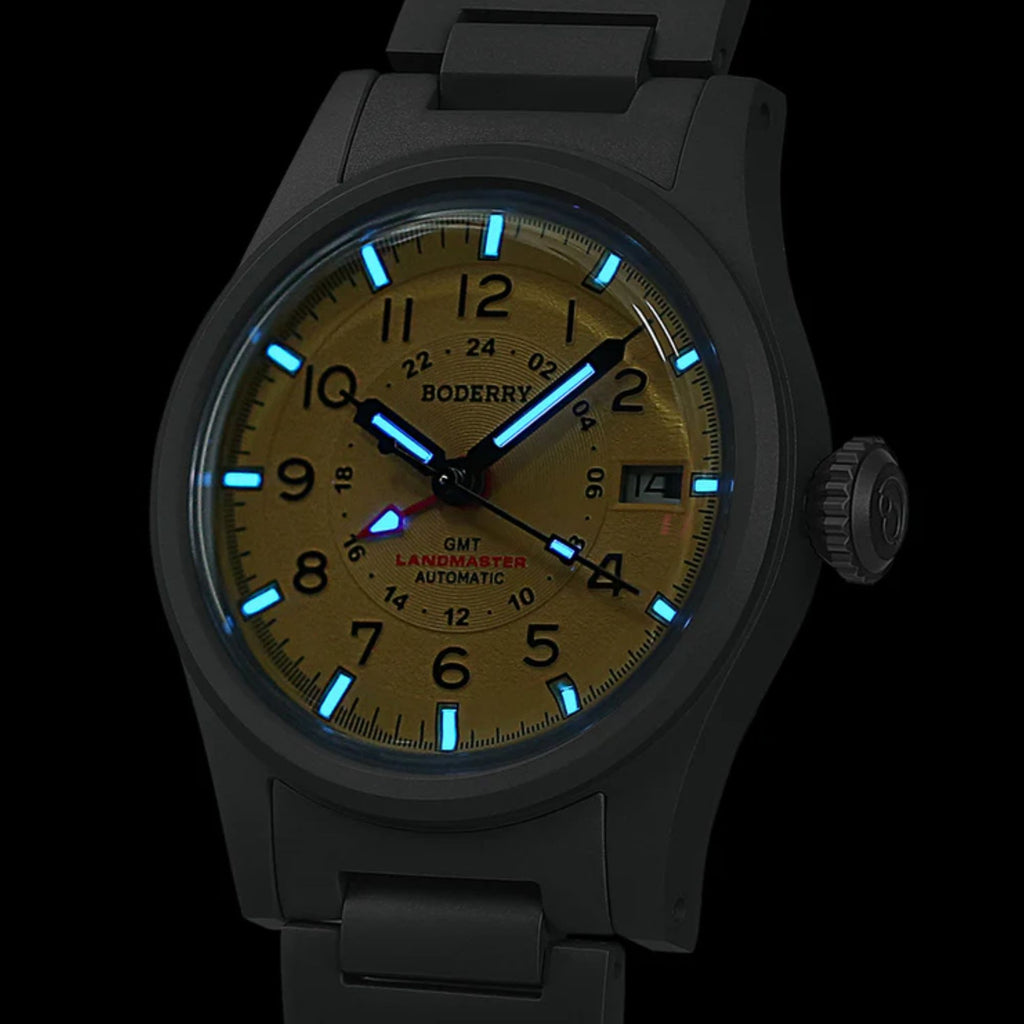 BODERRY LANDMASTER GMT – Titanium Automatic Tritium Field Watch | Yellow