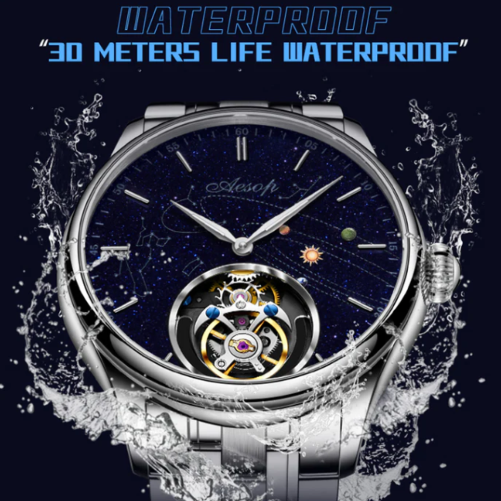 AESOP Mens Luxury Real Flying Tourbillon Mechanical Watches for Men 7025