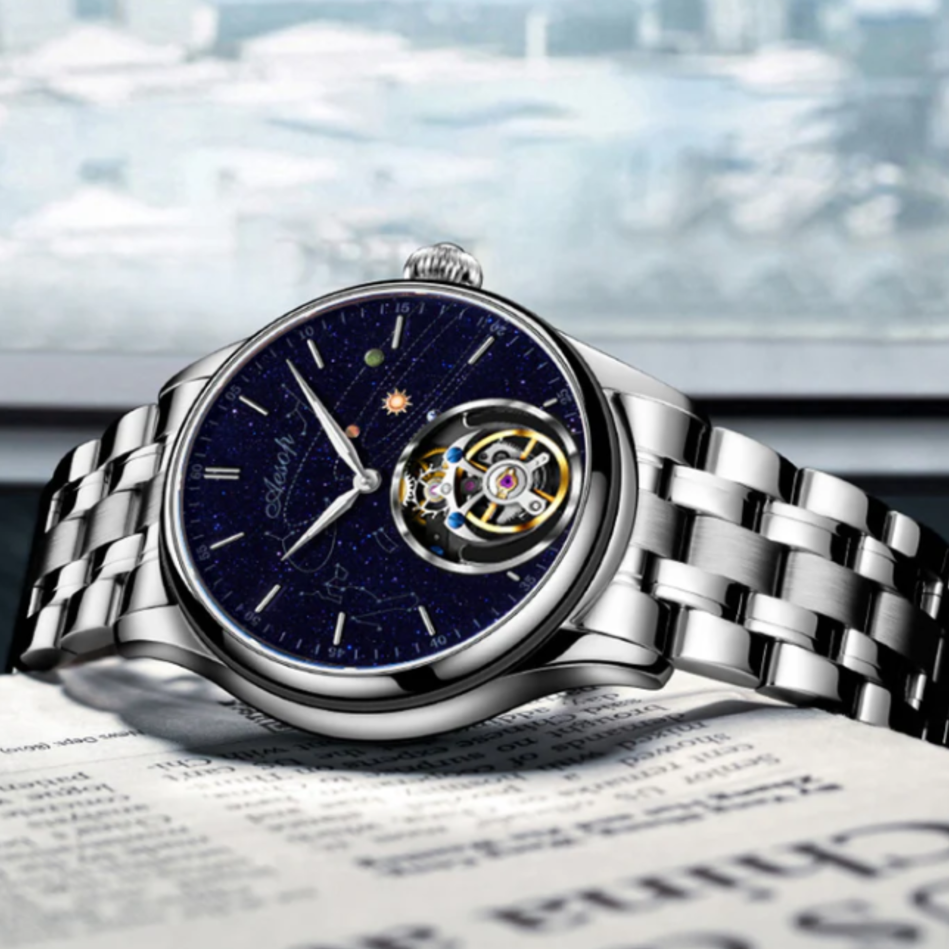 AESOP Mens Luxury Real Tourbillon Mechanical Sapphire Waterproof Watch 7049