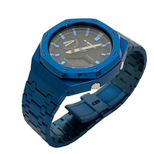 Mod Kit Metal Watchband and Metal Case for G-shock GA-2100 and GA-2110/BA-2100 " Casioak" (Blue Bracelet)