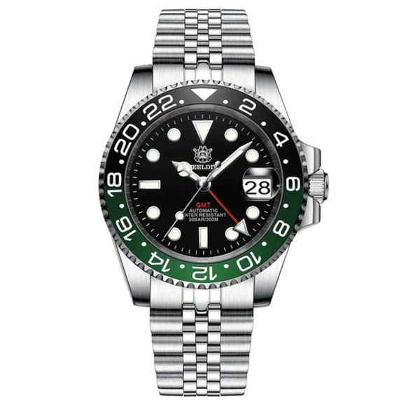 Steeldive SD1993 NH34 GMT Automatic Watch V2 Black/Green With Jubilee Bracelet