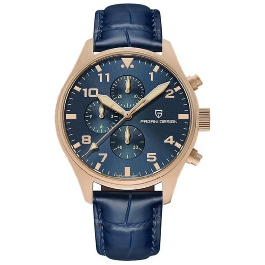 Pagani Design PD-1703 42MM Pilot Chronograph Men's with Seiko VK67 Quartz Watch with Crystal AR Coating - Blue Dial With Leather Strap