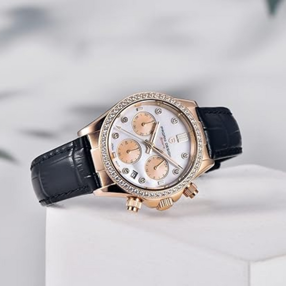 Pagani Design PD1730 Chronograph Date Quartz women's Watch  - Gold Dial with Black Strap