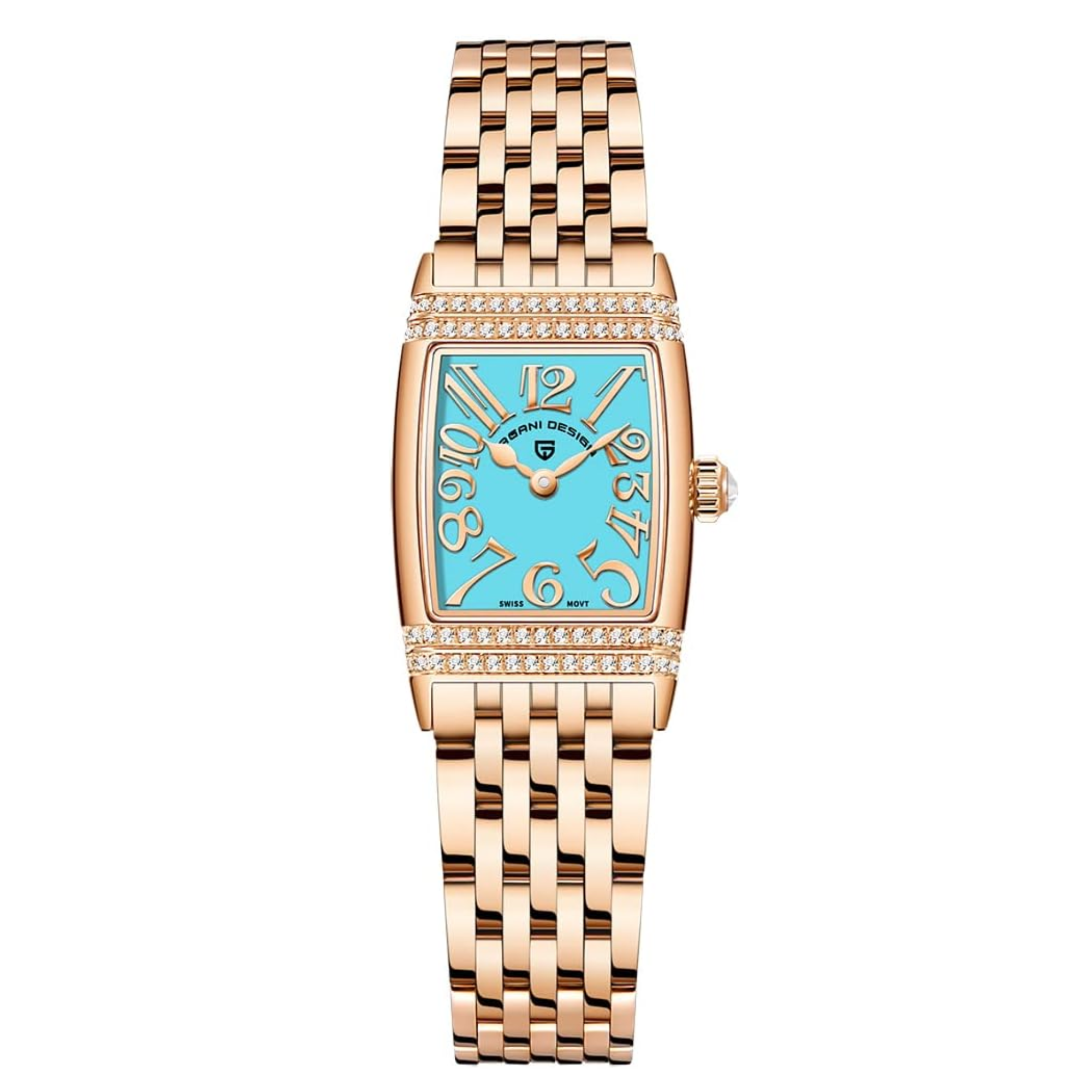 Pagani Design PD-1737 Women's Quartz Watches 22mm with Stone Set Rectangle Case, Analogue Display and Stainless Steel Ladies Watch - Gold Tiffany-Blue