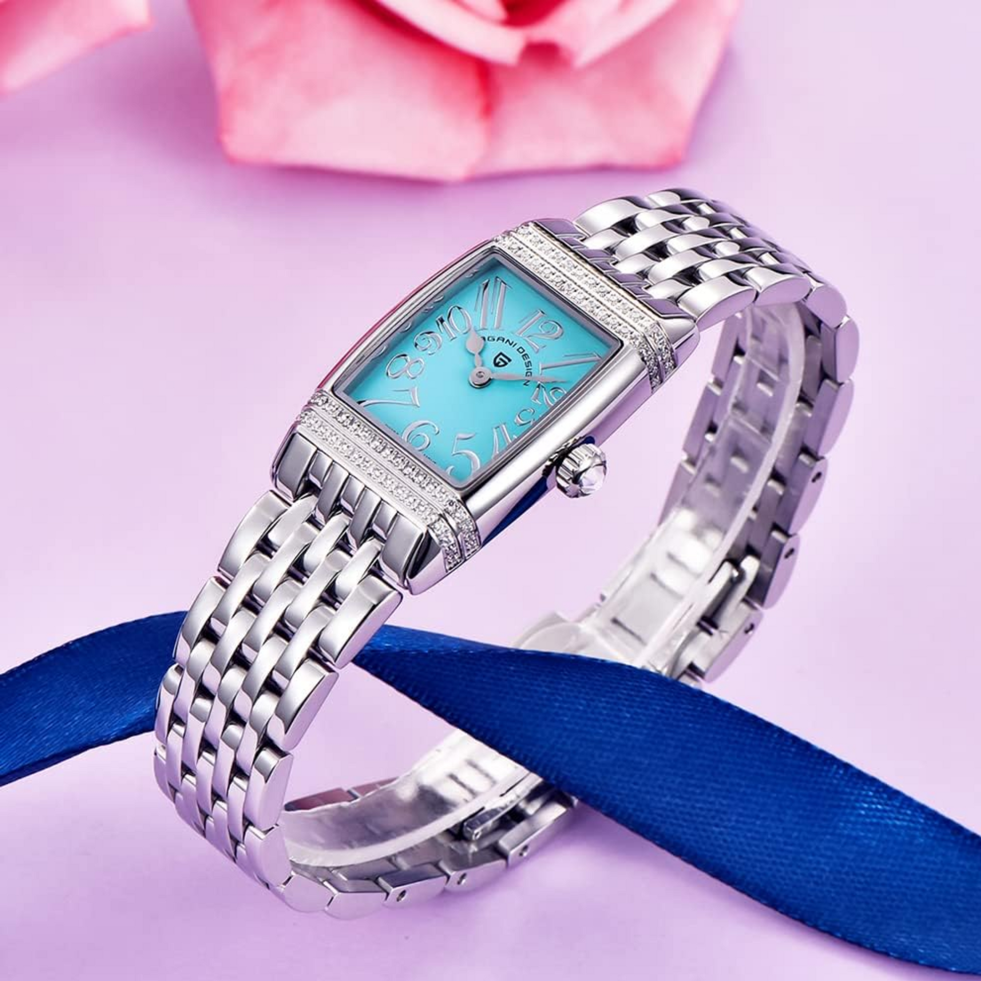 Pagani Design PD-1737 Women's Quartz Watches 22mm with Stone Set Rectangle Case, Analogue Display and Stainless Steel Ladies Watch - Silver - Tiffany Blue