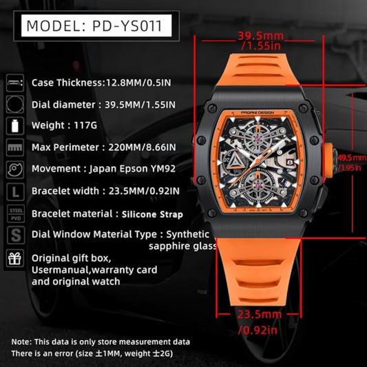 Pagani Design PD-YS011 Mens Skeleton Quartz Wristwatch YM92 Movt Watch for Men Sapphire Glass Stainless Steel Case Waterproof Clock