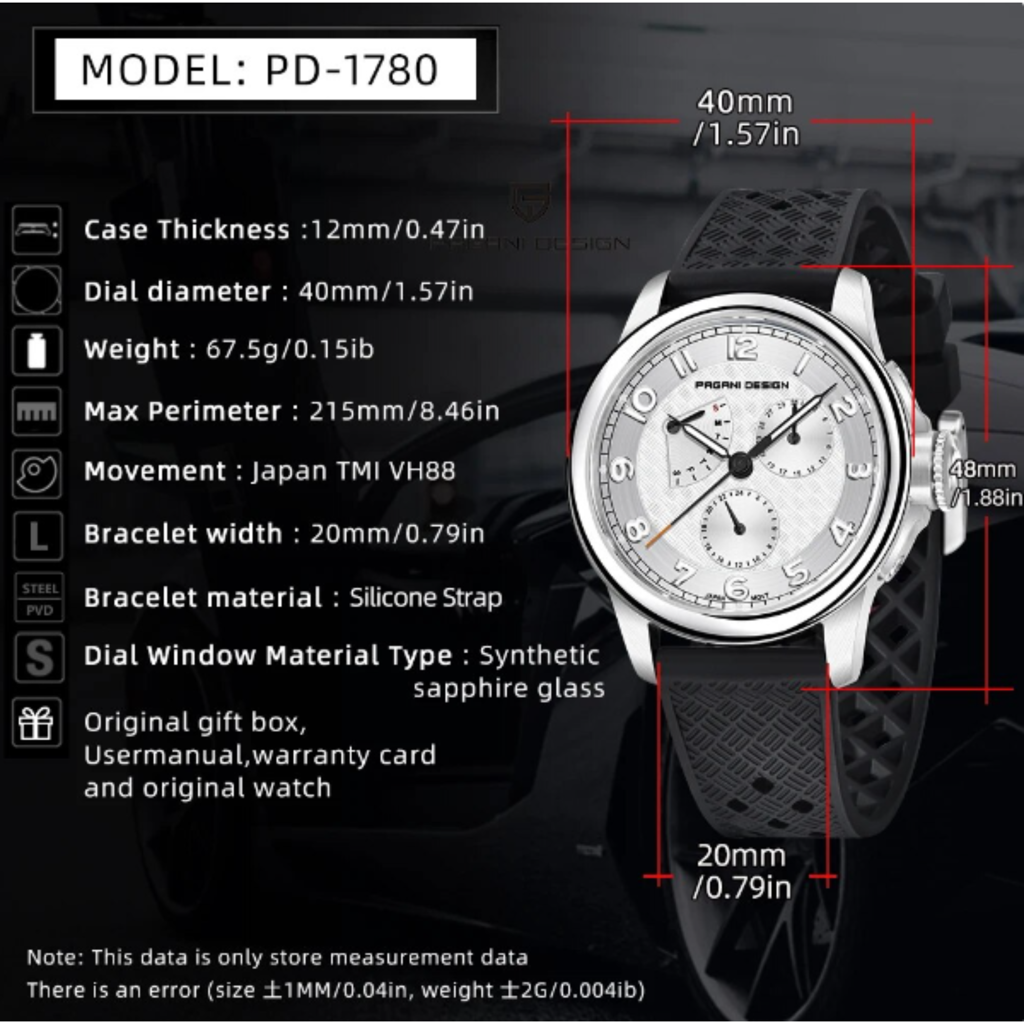 Pagani Design PD-1780 Japanese Quartz Movement Wristwatch with Sapphire Crystal Calendar New 24 Hours 100M Waterproof Watch - Black Dial