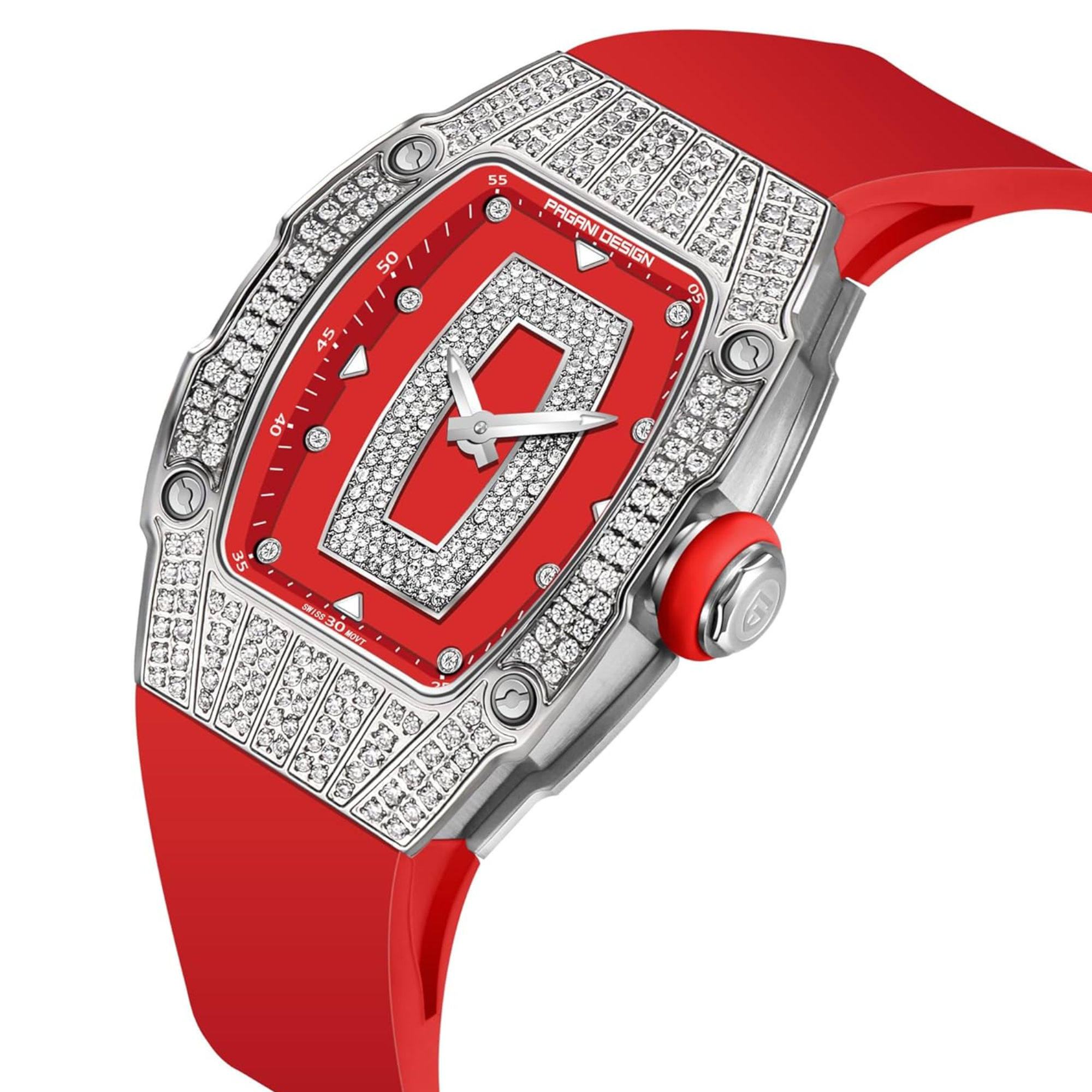 Pagani Design PD-YS013 Bergani Fashion Women's Diamond Inlaid Watch Waterproof Sports Waterproof Night Glow Trend Silicone Women's Watch - Silver Red