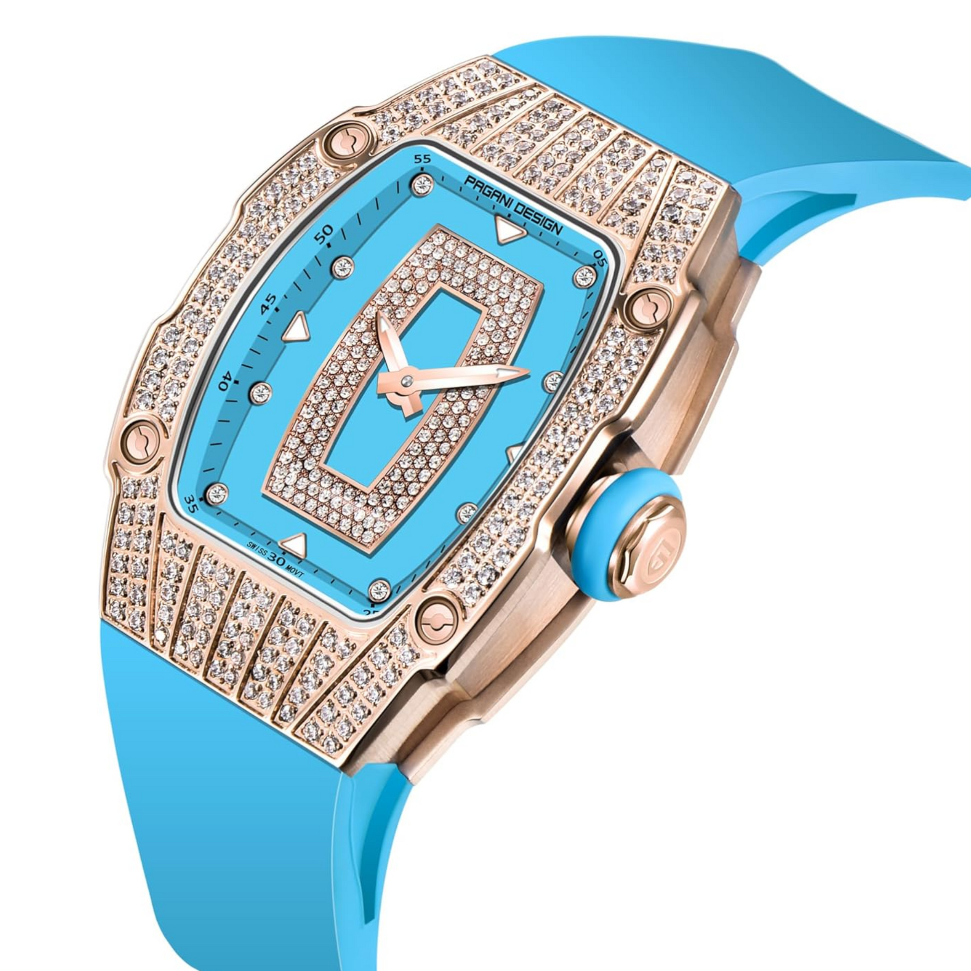 Pagani Design PD-YS013 Bergani Fashion Women's Diamond Inlaid Watch Waterproof Sports Waterproof Night Glow Trend Silicone Women's Watch - Gold Blue