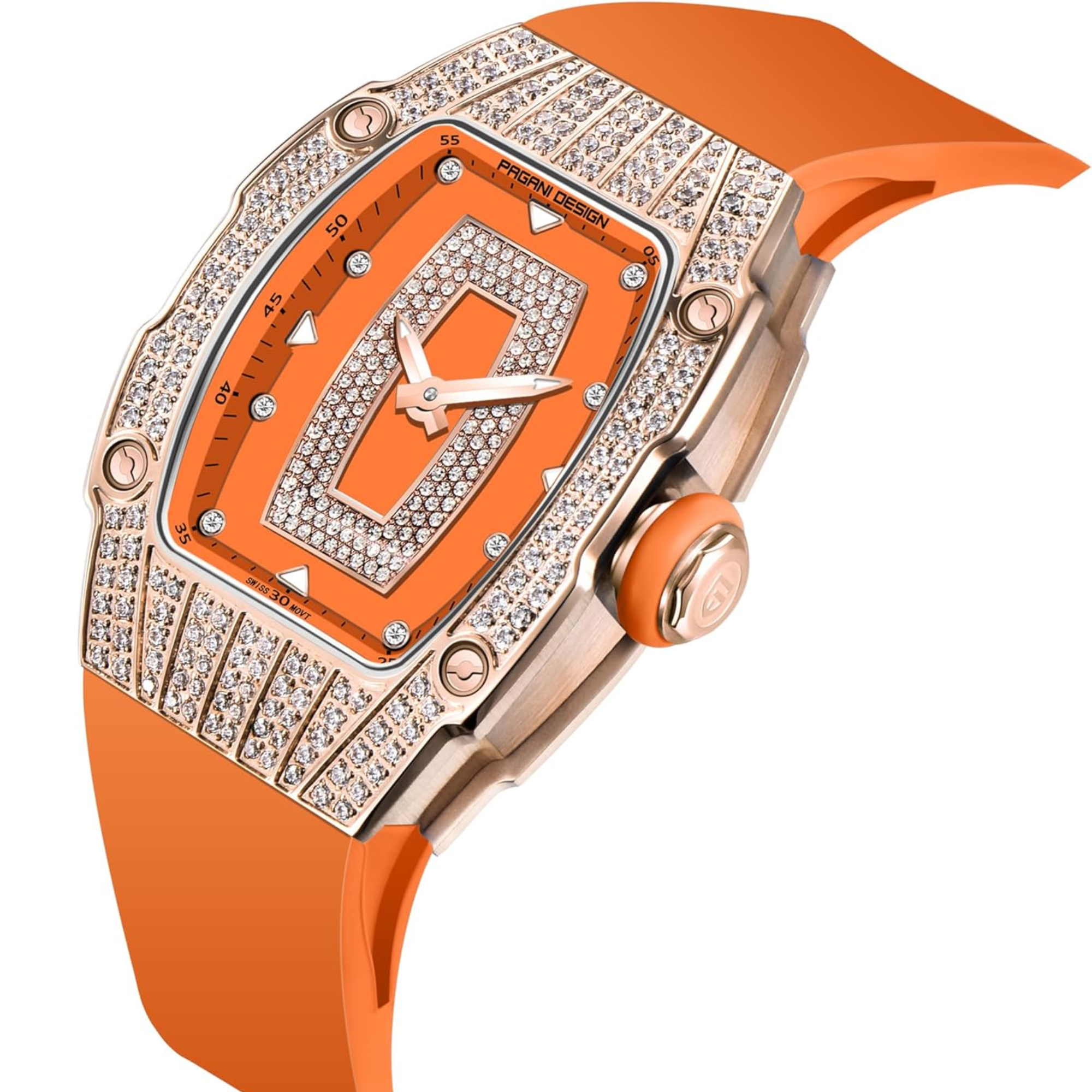 Pagani Design PD-YS013 Bergani Fashion Women's Diamond Inlaid Watch Waterproof Sports Waterproof Night Glow Trend Silicone Women's Watch - Gold Orange