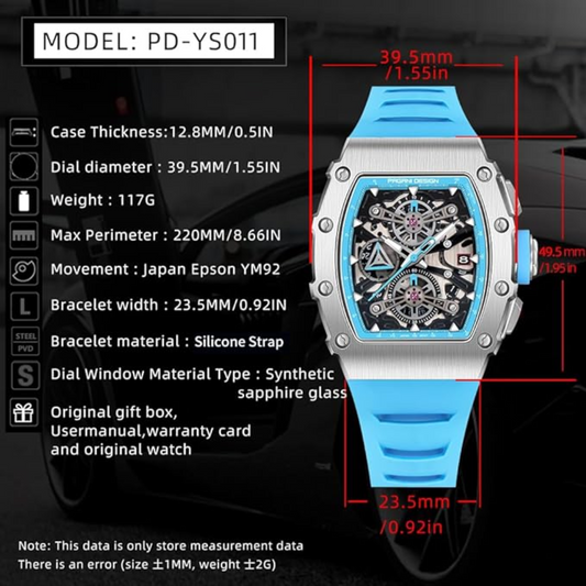 Pagani Design PD-YS011 Mens Skeleton Quartz Wristwatch YM92 Movt Watch for Men Sapphire Glass Stainless Steel Case Waterproof Clock