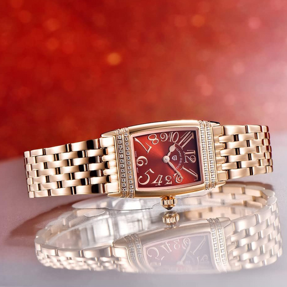Pagani Design PD-1737 Women's Quartz Watches 22mm with Stone Set Rectangle Case, Analogue Display and Stainless Steel Ladies Watch - Gold Red