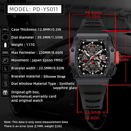 Pagani Design PD-YS011 Mens Skeleton Quartz Wristwatch YM92 Movt Watch for Men Sapphire Glass Stainless Steel Case Waterproof Clock