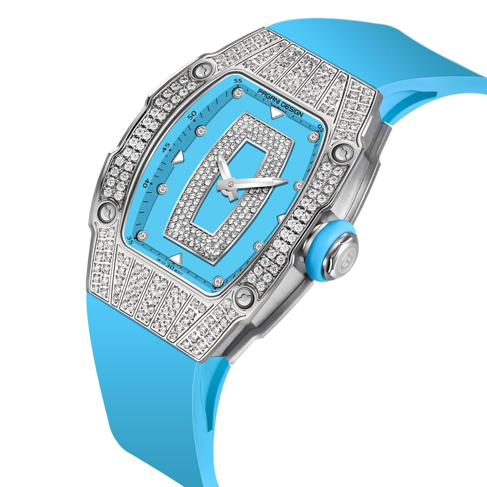 Pagani Design PD-YS013 Bergani Fashion Women's Diamond Inlaid Watch Waterproof Sports Waterproof Night Glow Trend Silicone Women's Watch - Silver Blue